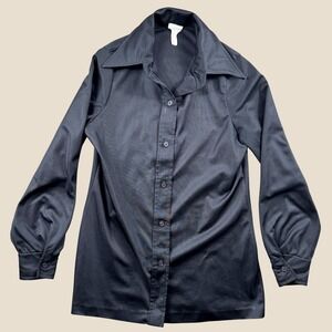 Vintage Aileen Shirt Womens‎ 10 Black Polyester 70s Disco Dagger Collar Goth Top